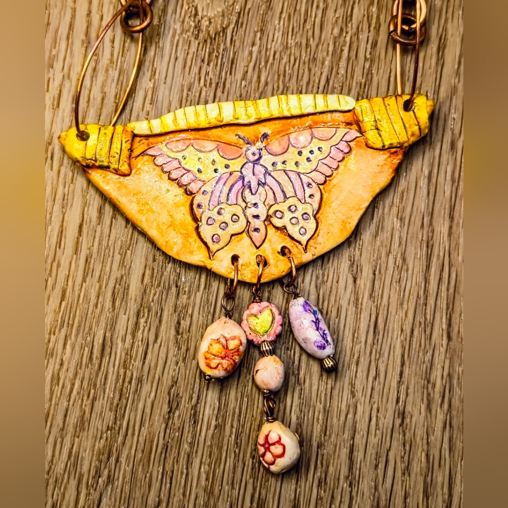 Primitive Cave Rustic Earth Colored Butterfly Pendant & Beads In Clay Necklace - Picture 2 of 9